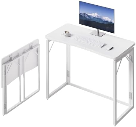 JOYMOOP 31.5" White Folding Desk, No Assembly, Wooden Top, Small Size by JOYMOOP