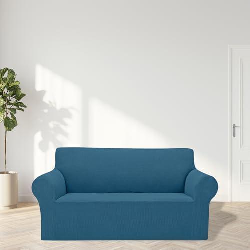 Cupuamon 2026 New Stretch Loveseat Sofa Slipcovers Couch Cover for 2 Cushion Furniture Protector Sofa Covers with Elastic Bottom Jacquard Fabric Small Checks for Pets, Kids - Peacock Blue - Image 3