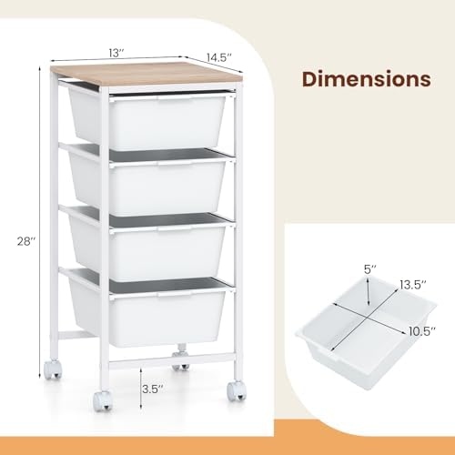 Giantex Rolling Storage Cart with 4 Drawers, Utility Cart w/Wooden Tabletop, Lockable Wheels, Multipurpose Organizer for Art Craft Scrapbook Paper, Drawer Carts for Dorm Classroom Office, White - Image 3