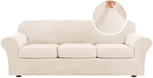 H.VERSAILTEX High Stretch Sofa Slipcover 4 Piece Cover Velvet Furniture Protector Form Fit Thick Velvet Extra Large Sofa Cover for 3 Cushion Couch Width Up to 97 Inch (Large Sofa, Cream) by HVERSAILTEX
