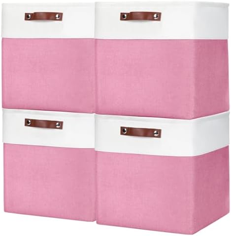 Bagnizer 13x13 Cube Storage Bins, Collapsible Fabric Storage Box, 4 Pack Closet Baskets with Handles for Organizing, Shelf, Toys, Clothes, Home, Office, Nursery (Pink&White) by Bagnizer
