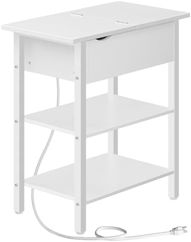 HOOBRO End Table with Charging Station, Narrow Side Table, Flip Top Nightstand with USB Ports and Outlets, Bedside Tables with Shelf for Small Spaces, Living Room, White WT341BZ01 by HOOBRO