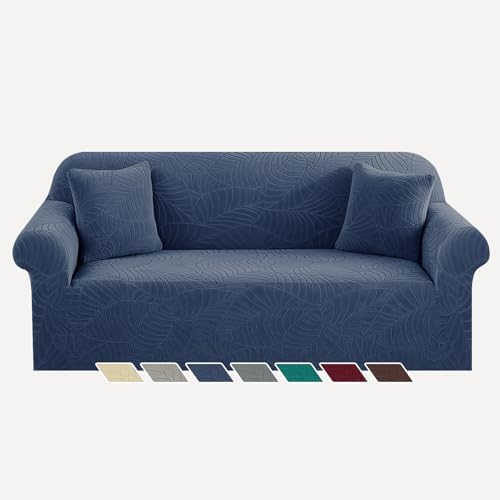 YEMYHOM Couch Cover Latest Jacquard Design High Stretch Sofa Covers for 3 Cushion Couch, Pet Dog Cat Proof Slipcover Non Slip Magic Elastic Furniture Protector (Large, Begonia Leaf Navy) by YEMYHOM