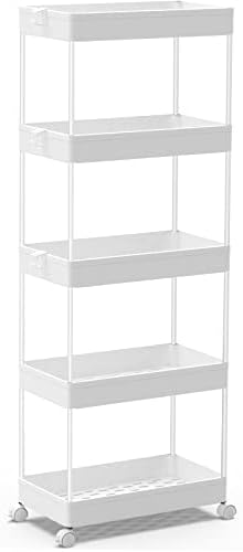 SPACEKEEPER 5 Tier Storage Rolling Cart, Bathroom Cart with Wheels, White by SPACEKEEPER