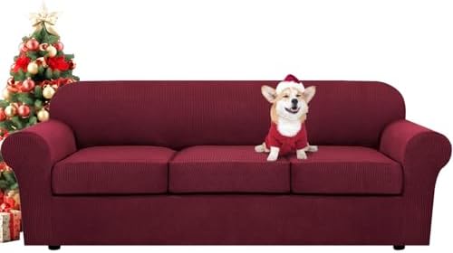 H.VERSAILTEX 4 Piece Stretch Sofa Covers for 3 Cushion Couch Covers for Living Room Furniture Slipcovers (Base Cover Plus 3 Seat Cushion Covers) Upgraded Thicker Jacquard Fabric (XL Sofa, Burgundy) by HVERSAILTEX