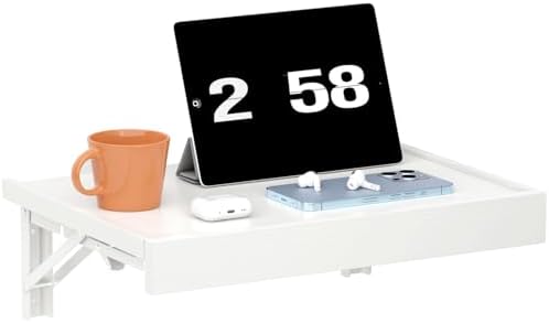 TEAMIX Wall Mounted Folding Bedside Shelf, White Wood Floating Nightstand Table with Heavy-Duty Brackets, 16.5''x12'' Space Saving Bed Side Tray Storage for Bedroom, Living Room, Dorm (White, Basic) by TEAMIX