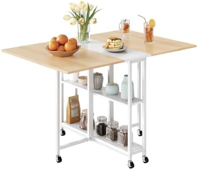 CHOEZON Folding Dining Table, Movable Dining Table, Kitchen Table for Small Space, Foldable and Expandable Desk Furniture with 6 Wheels, for Dining, Living Room, Apartment, White and Natural TCZ01WN by Choezon