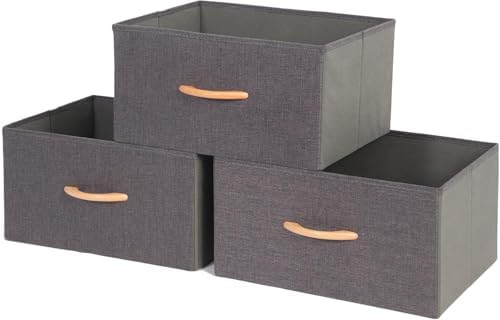 Large Storage Bins, Foldable Storage Baskets with Wooden Handles, Fabric Clothes Storage Boxes for Shelves for Organizing Closet Shelf Nursery, Grey 3-Pack by Unknown