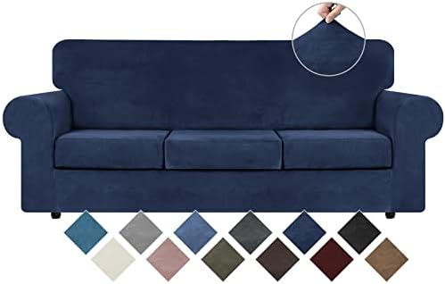 WEERRW 4 Pieces Couch Cover for Sofa Velvet Sofa Covers Washable, Navy Blue by WEERRW