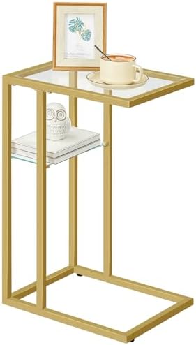 HOOBRO C Shaped End Table, 2-Tier Small Side Table with Glass Tabletop by HOOBRO