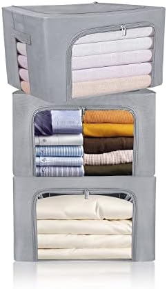 Clothes Storage Box Bins Stackable Foldable Organizer,Sturdy Handles with Metal Frame for Clothing Bedding Shelves,Closet Container with Clear Window Zipper and Label Holder (Gray, 66L x3 Pack) by STSTECH