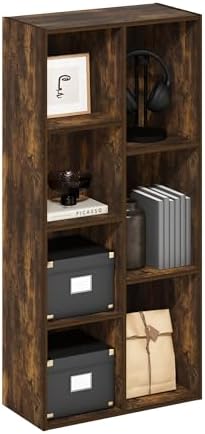 Furinno LUDER Book Shelf, 7-Cube Bookshelf, Bookcase with Open Shelves, 9.4 x 19.5 x 41.7, Easy Assembly, for Living Room, Bedroom, Home Office, Amber Pine by Furinno-FitsYourSpaceFitsYourBudget