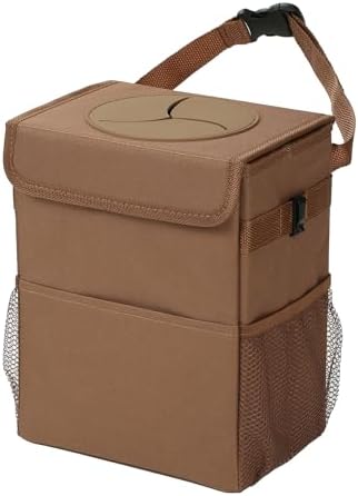AOKJOY Car Garbage can with lid Leak Proof Vehicle Trash Can 3 Storage Pockets Hanging Waterproof car Trash Bag for SUV Brown by saygoodbyetoclutter