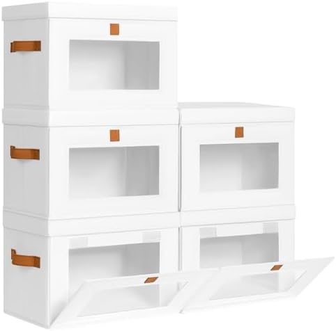 DIMJ Storage Bins with Lids - 5 Pack Front Opening Stackable Fabric Storage Boxes with Clear Window & Handles, Collapsible Closet Organizers for Clothes, Sweaters, Shelf Storage, Bedroom, White by DiMJ