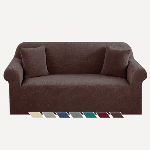YEMYHOM Couch Cover Latest Jacquard Design High Stretch Sofa Covers for 2 Cushion Couch, Pet Dog Cat Proof Loveseat Slipcover Non Slip Elastic Furniture Protector (Medium, Begonia Leaf Coffee) by YEMYHOM