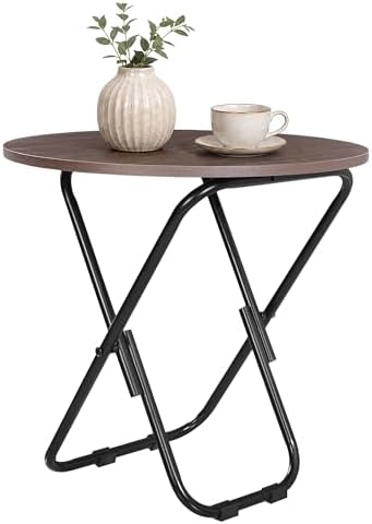 VECELO Patio Outdoor Side Table,17.7 inch Small Folding Table Round Waterproof Wood Table, Foldable Anti-Rust Metal Legs Snack Desk for Garden Balcony,Yard,Living Room by VECELO