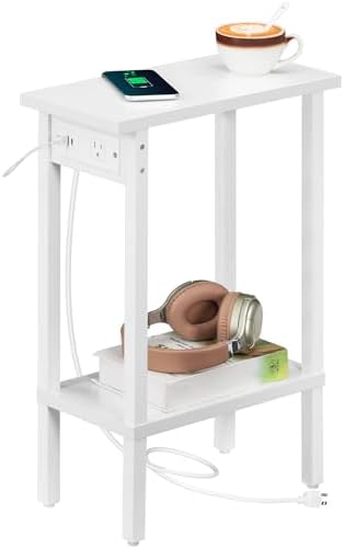 HOOBRO Narrow Side Table, 2-Tier Slim End Table with Charging Station, Skinny Nightstand with Open Storage, for Small Spaces, Living Room, Bedroom, Study, White WT240UBZ01 by HOOBRO