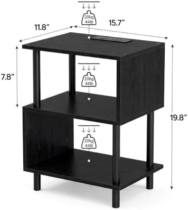 Frylr Side Table, Night Stand and End Table with Power Outlets and USB Ports, Strong Metal Frame, 44lb Capacity per Tier and Leveling Feet for Bedroom, Bedside, Living Room and Small Space, Black - Image 2
