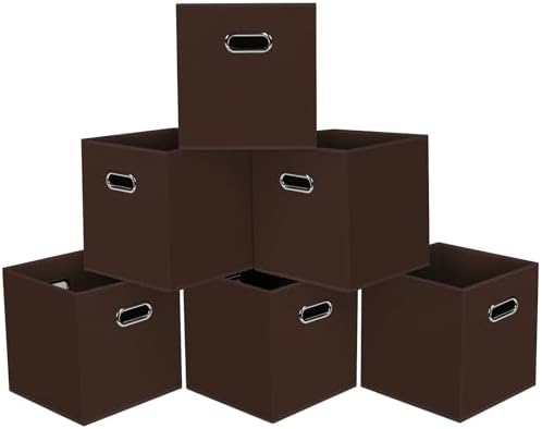 Black Foldable Storage Cubes Bins, Fabric Storage Box Cubes Organizer Baskets with Dual Handles for Home Organizer,Set of 6,(Coffee) by HEAYEEG