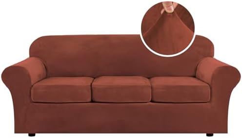 H.VERSAILTEX Modern Velvet Plush 4 Piece High Stretch Sofa Slipcover Sofa Cover Furniture Protector Form Fit Luxury Thick Velvet Sofa Cover for 3 Cushion Couch, Machine Washable (Sofa, Rust by HVERSAILTEX