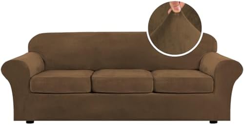 H.VERSAILTEX High Stretch Sofa Slipcover 4 Piece Cover Velvet Furniture Protector Form Fit Thick Velvet Extra Large Sofa Cover for 3 Cushion Couch Width Up to 97 Inch (Large Sofa, Bronze Brown) by HVERSAILTEX