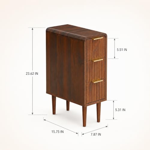 Narrow Nightstand with 3 Drawers, Slim Bedside Table with Fluted Drawer Fronts and Gold Handles, Skinny Side Table for Sofa Side, Bedroom, Small Spaces, Wood Grain Accent Table - Image 2