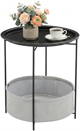 VECELO Round Side/End Table with Fabric Storage Basket，Metal Anti-Rust and Waterproof Small Bedside Nightstand with Removable Tray Top for Living Room，Balcony & Laundry，Black /1pcs with Basket by VECELO