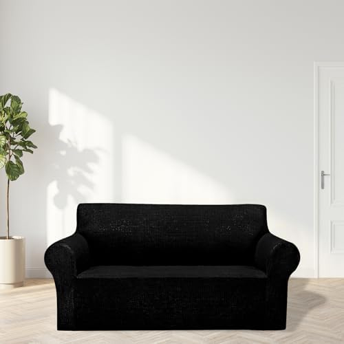 Cupuamon 2026 New Stretch Loveseat Sofa Slipcovers Couch Cover for 2 Cushion Furniture Protector Sofa Covers with Elastic Bottom Jacquard Fabric Small Checks for Pets, Kids - Black - Image 3