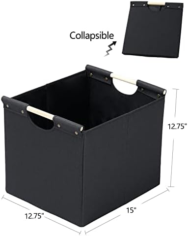 HOONEX Large Collapsible Storage Bins, Linen Fabric, Pack of 2, Storage Baskets with Wooden Carry Handles and Sturdy Heavy Cardboard, for Home, Office, Car, Nursery, Black - Image 6