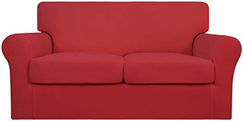 Easy-Going 3 Pieces Stretch Soft Couch Cover for Dogs - Washable Sofa Slipcover for 2 Separate Cushion Couch - Elastic Furniture Protector for Pets, Kids (Loveseat, Christmas Red, Medium) by Easy-Going