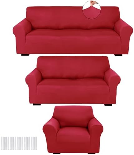 Peryiter 3 Pcs Couch and Loveseat Sofa Covers,Xmas Red,Milk Silk by Peryiter