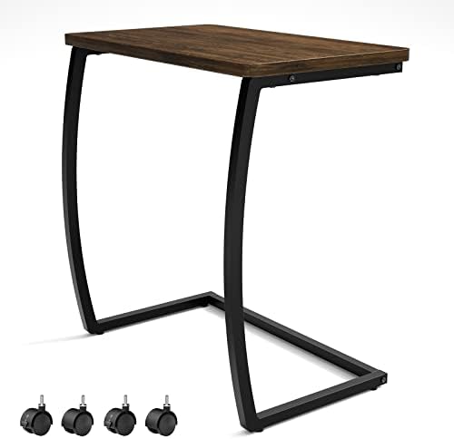 SRIWATANA Dark Walnut C Shaped Side Table with Wheels, Wood End Sofa Table by SRIWATANA