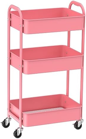 MAX Houser 3-Tier Rolling Utility Cart with Caster Wheels,Easy Assembly, for Kitchen, Bathroom (Pink) by MAXHouser