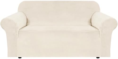 H.VERSAILTEX Stretch Velvet Loveseat Covers for 2 Cushion Couch Covers for Living Room Sofa Covers with Non Slip Straps Bottom, Ultra Thick Comfy Velour (Width 58"-72", Cream) by HVERSAILTEX