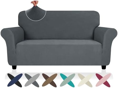 ZNSAYOTX Super Stretch Loveseat Covers (57"-70"), New Striped Love Seat Slipcover, Dogs Pet Friendly Anti-Slip Couch Protector Spandex Durable 2 Seater Fabric Sofa Cover (Dark Grey, Loveseat) by ZNSAYOTX