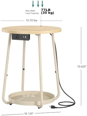 sthmec Small Round Side End Table with Storage and Charging Station, 2 Tier Round Bedside Sofa Couch Coffee Tables with Tray, Metal Nightstand for Small Spaces, Living Room Bedroom, Natural - Image 3