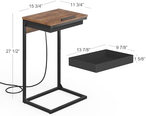 sthmec C Shaped End Table with Charging Station,45° Tiltable Adjustable Flip Top Side Table Set of 2,Small C Table Set 2 for Small Spaces,Slide Under Couch Sofa Bedside Table Living Room,Rustic Brown - Image 3