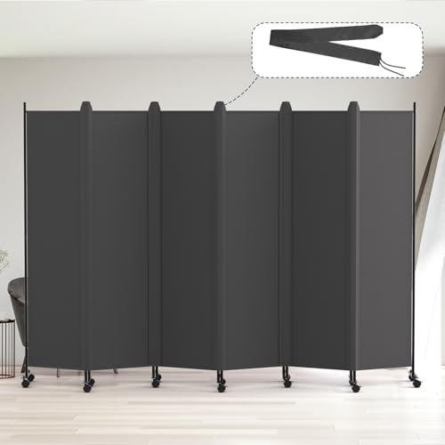 Kokorona 6 Panel Room Divider, 6FT Tall Rolling Privacy Screen with Lockable Wheels, Folding Wall Dividers Portable Room Divider for Room Separation, Included - Cover Strips, Grey, 119''W x 70''H by Kokorona