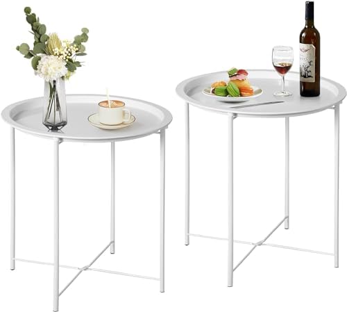 VECELO Side/End Table, Folding Round Metal Anti-Rust and Waterproof Outdoor or Indoor Tray for Living Room Bedroom Balcony and Office, 2 PCS, Beige by VECELO