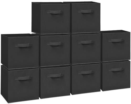 11 Inch Fabric Storage Cubes, Sturdy Foldable Storage Bins, Heavy Duty Cube Organizer for Clothes, Blankets, Shelves, Closets, Bedroom, Living Room, Black, 10 Pack by Unknown