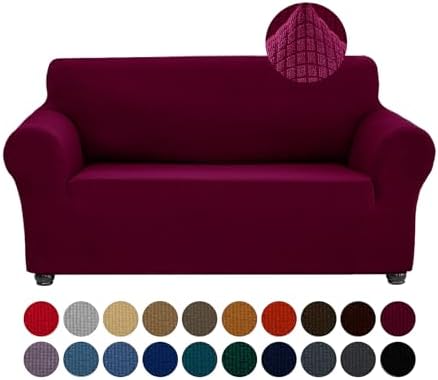 Joccun Christmas Stretch Loveseat Couch Cover Slipcover, 1-Piece Sofa Cover for 2 Cushion Couch Spandex Jacquard Washable Furniture Protector Cover for Living Room,Kids,Pets（Loveseat,Burgundy） by Joccun