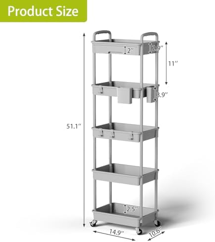 Sorgion 5 Tier Rolling Cart Organizer,Bathroom Cart Organizers with Wheels Laundry Room Organization Mobile Shelving Unit Utility Cart Storage Shelves Multi-Functional for Office, Home(Grey) - Image 3