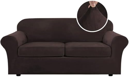 H.VERSAILTEX Real Velvet Plush 3 Piece Stretch Sofa Covers Couch Covers for 2 Cushion Couch Sofa Slipcovers Width Up to 90 Inch Feature Thick Soft Stay in Place (Large Sofa, Brown) by HVERSAILTEX
