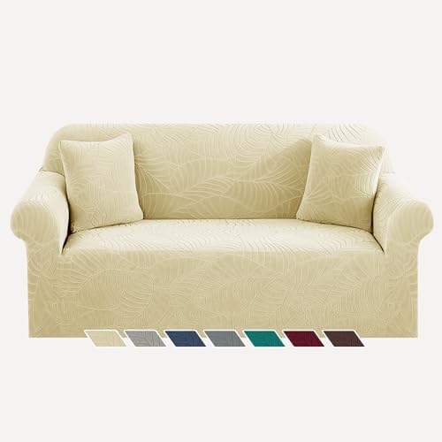 YEMYHOM Couch Cover Latest Jacquard Design High Stretch Sofa Covers for 2 Cushion Couch, Pet Dog Cat Proof Loveseat Slipcover Non Slip Elastic Furniture Protector (Medium, Begonia Leaf Beige) by YEMYHOM