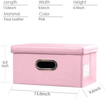 PRANDOM Collapsible Storage Box with Lid [3-Pack] Leather Fabric Foldable Storage Bin Organizer Container Basket Cube with Cover for Home Bedroom Closet Office Nursery Pink(13.6x9.6x6.9) - Image 5