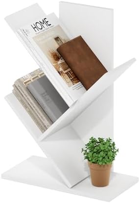 Furinno Tree Book Shelf, 3-Tier Bookshelf with Angled Open Shelf, Tree Bookcase for Room Decor, 8.4 x 15.7 x 21.3, for Organization and Storage, for Living Room, Bedroom, Home Office, White by Furinno-FitsYourSpaceFitsYourBudget