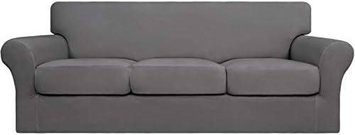 Easy-Going 4 Pieces Stretch Soft Couch Cover for Dogs - Washable Sofa Slipcover for 3 Separate Cushion Couch - Elastic Furniture Protector for Pets, Kids (Sofa, Light Gray, Large) by Easy-Going