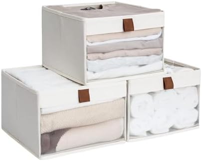 StorageWorks Fabric Storage Bins with Mesh Front Window, Beige, 3-Pack by StorageWorks