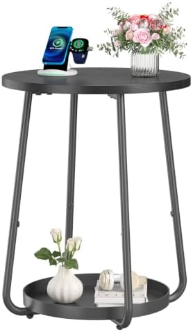 sthmec Small Round Side End Table with Storage, 2 Tier Round Bedside Sofa Couch Coffee Tables with Tray, Metal Nightstand for Small Spaces, Living Room Bedroom, Black by Unknown