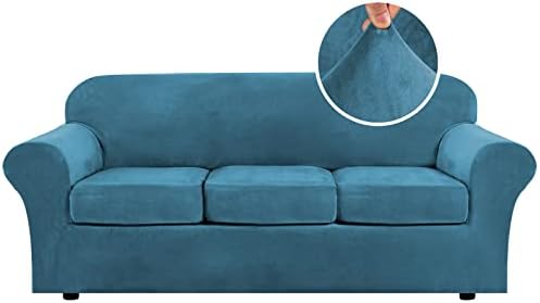 H.VERSAILTEX Modern Velvet Plush 4 Piece High Stretch Sofa Slipcover Sofa Cover Furniture Protector Form Fit Luxury Thick Velvet Sofa Cover for 3 Cushion Couch Width Up to 90 Inch (Sofa,Peacock Blue) by HVERSAILTEX
